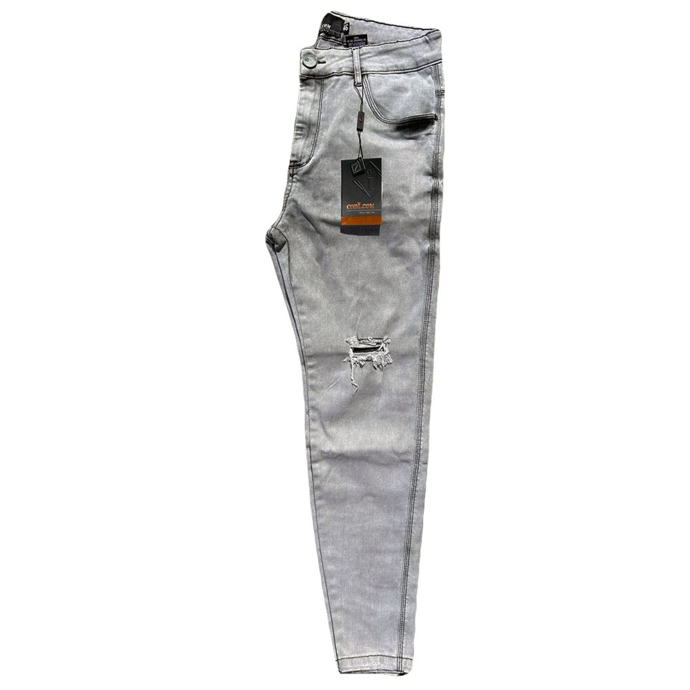 Calça Jeans Skinny Cinza Destroyed Corte Joelho Marmorizada