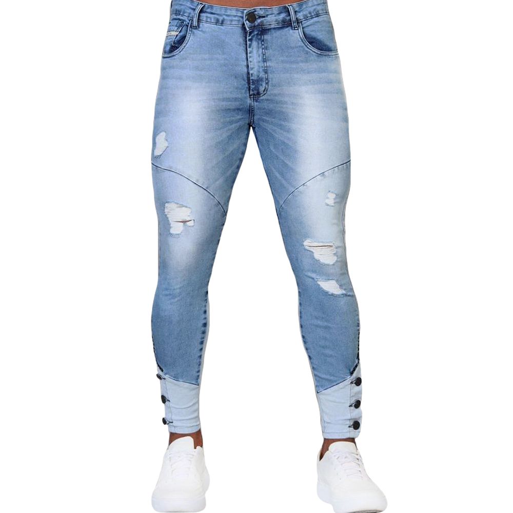 Calça Jeans Skinny Destroyed Masculina Recortes Botões Barra