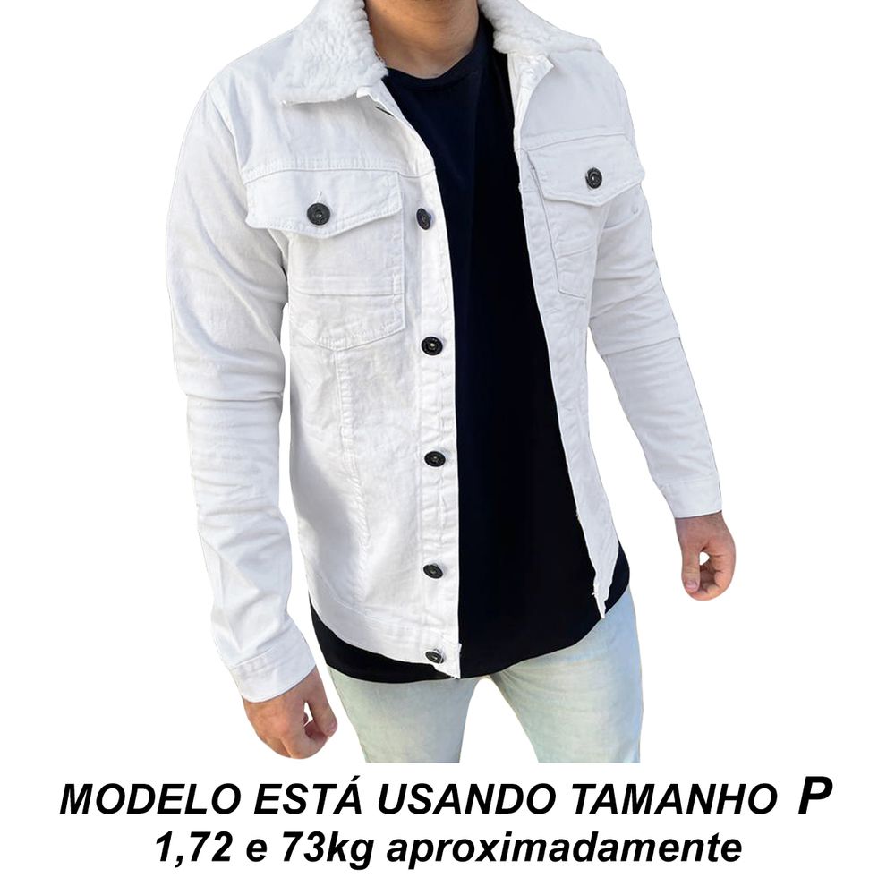 Jaqueta Jeans Slim Branca Com Pelinho Pelo Na Gola Masculina