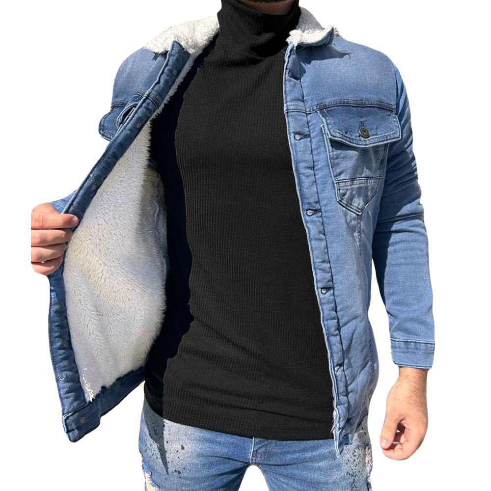 Jaqueta Jeans Slim Fit Forrada Com Pelo Gola Pelinho Premium