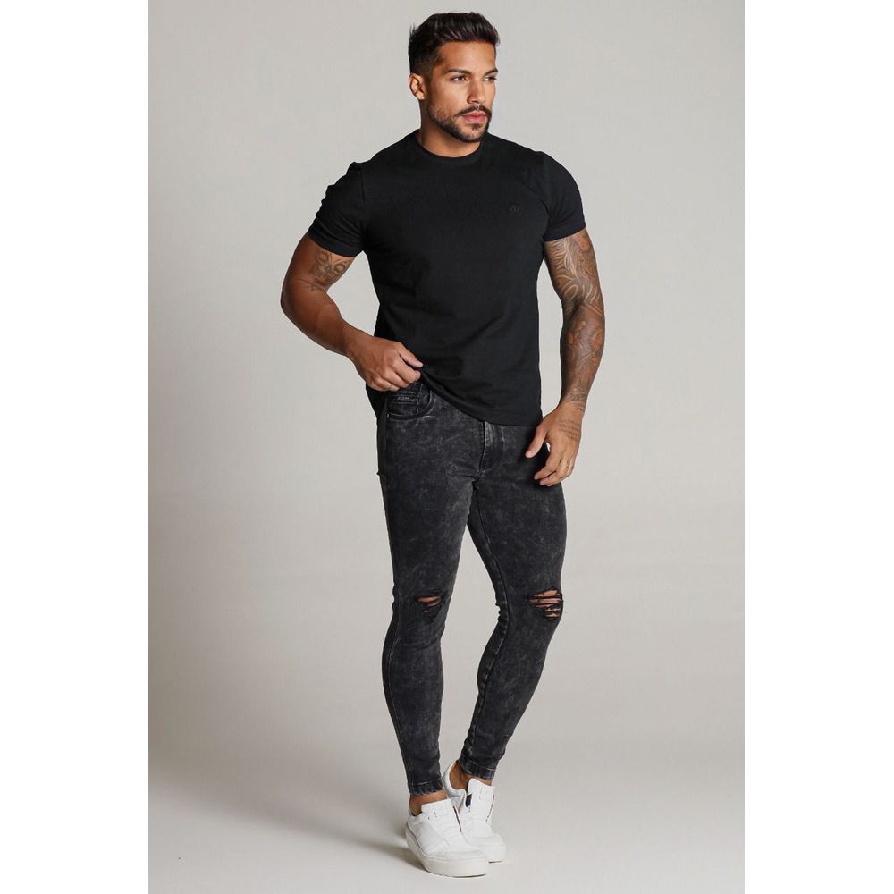 Calça Preta Marmorizada Skinny Rasgada Masculina Codi Jeans