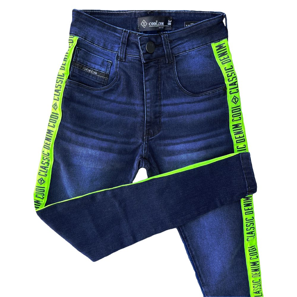 Calça Jeans Super Skinny Masculina Faixa Lateral Verde Neon