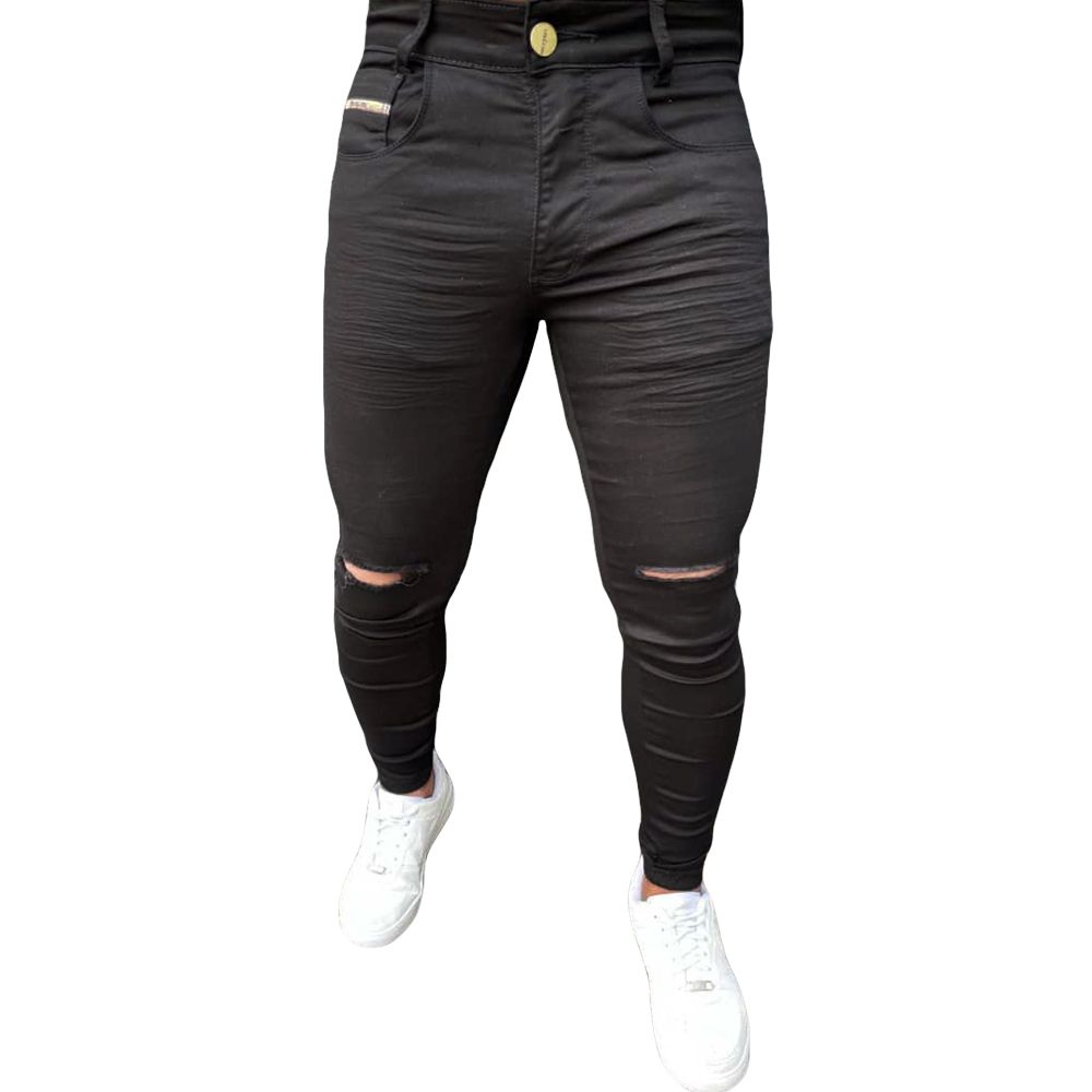 Calça Jeans Preta Masculina Com Rasgos Corte No Joelho Destroyed Skinny