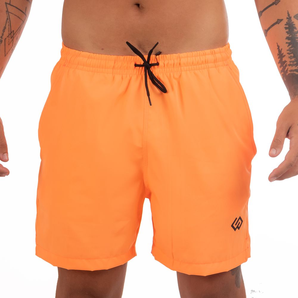 Short Praia Elastano Laranja Neon Liso Masculino Premium