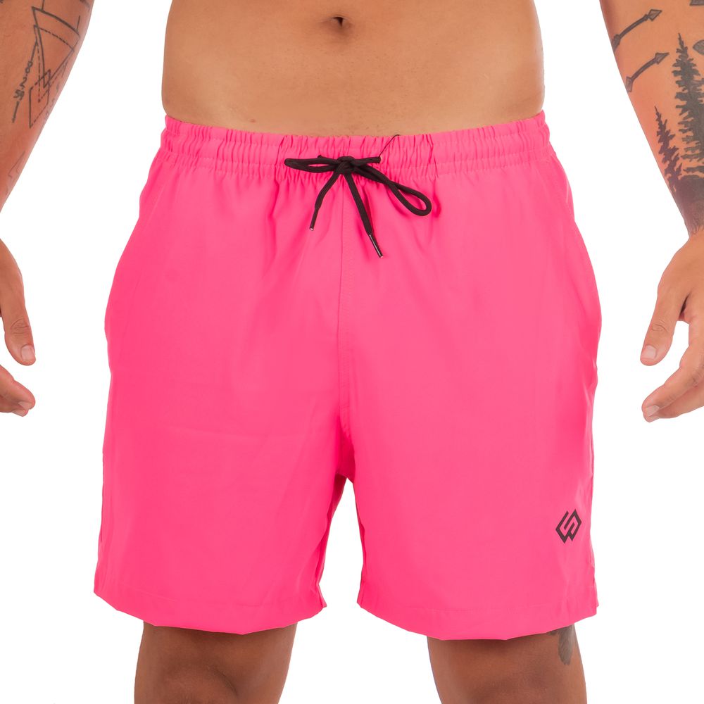 Short Praia Elastano Rosa Pink Neon Liso Masculino Premium