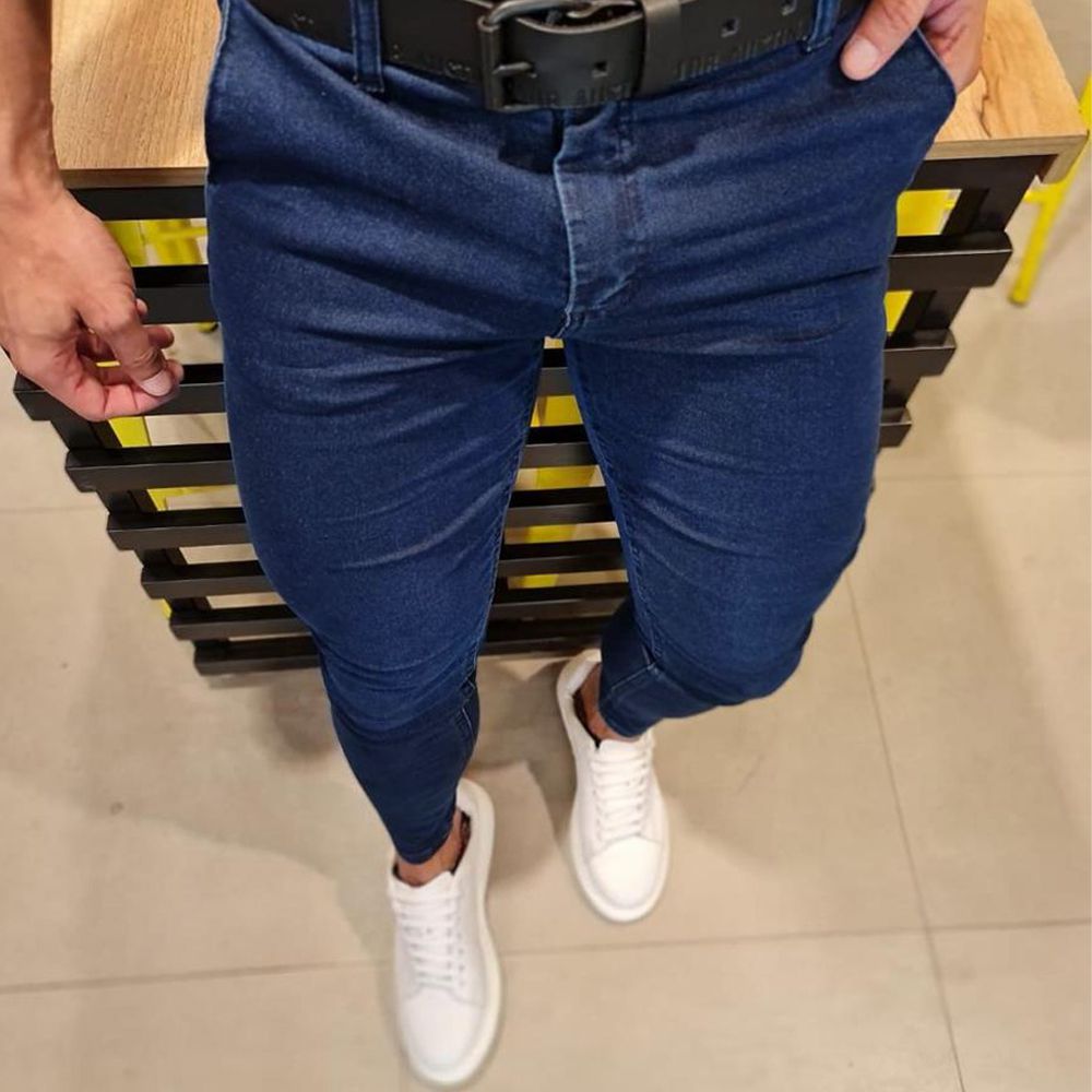Calça Alfaiataria Jeans Social Azul Escura Skinny Masculina