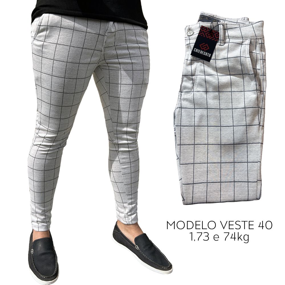 Calça Alfaiataria Xadrez Skinny Jacquard Moletinho Masculina