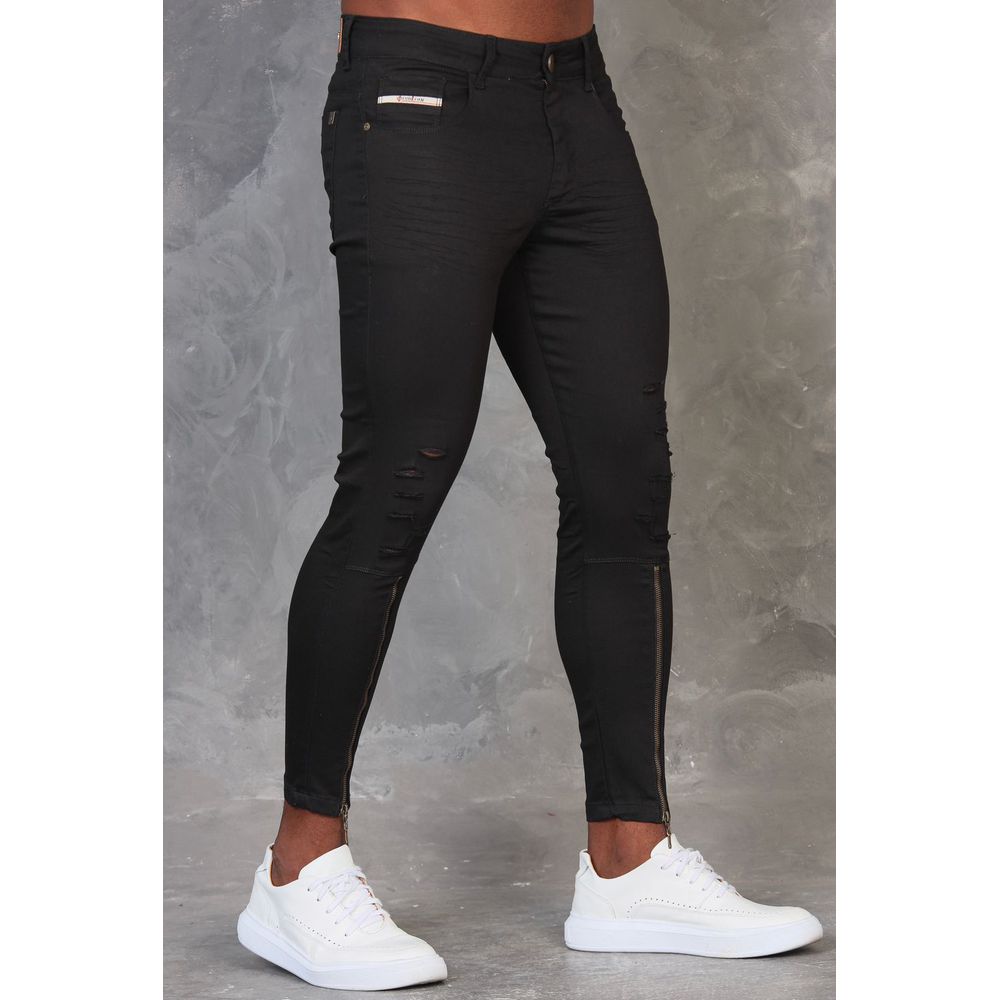 Calça Preta Super Skinny Destroyed Masculina Com Zíper Barra