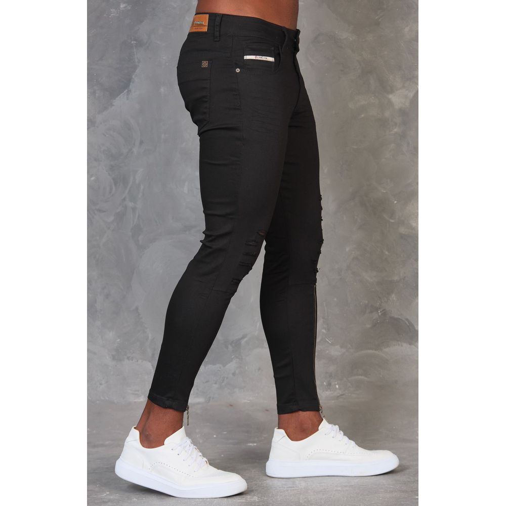 Calça Preta Super Skinny Destroyed Masculina Com Zíper Barra