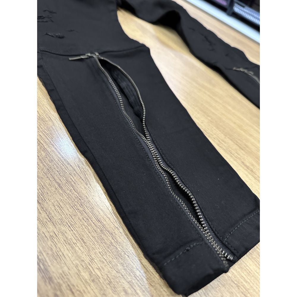 Calça Preta Super Skinny Destroyed Masculina Com Zíper Barra