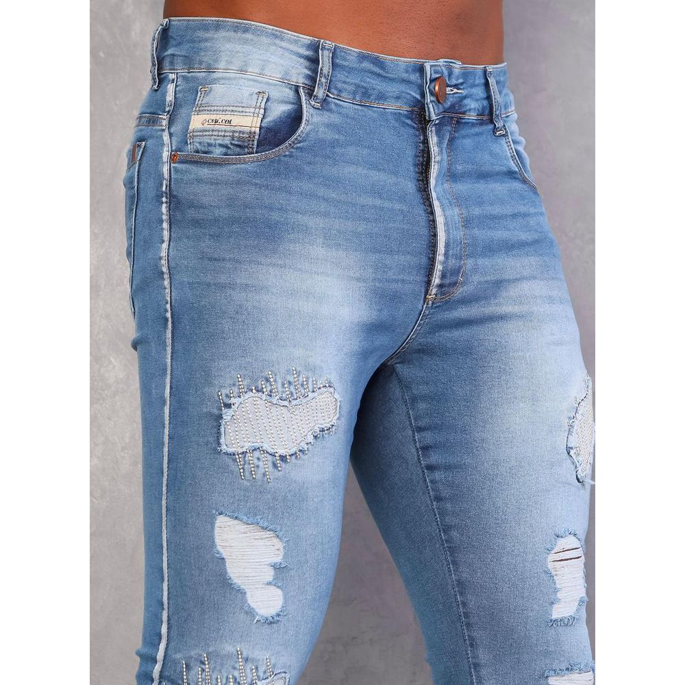 Calça Jeans Destroyed Skinny Masculina Com Detalhe Bordado