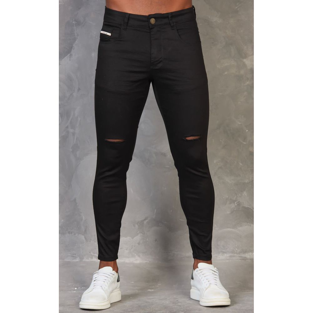 Calça Jeans Preta Masculina Com Rasgos Corte No Joelho Destroyed Skinny
