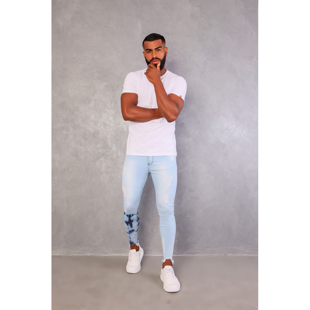 Calça Jeans Destroyed Skinny Masculina Detalhe Mancha Splash