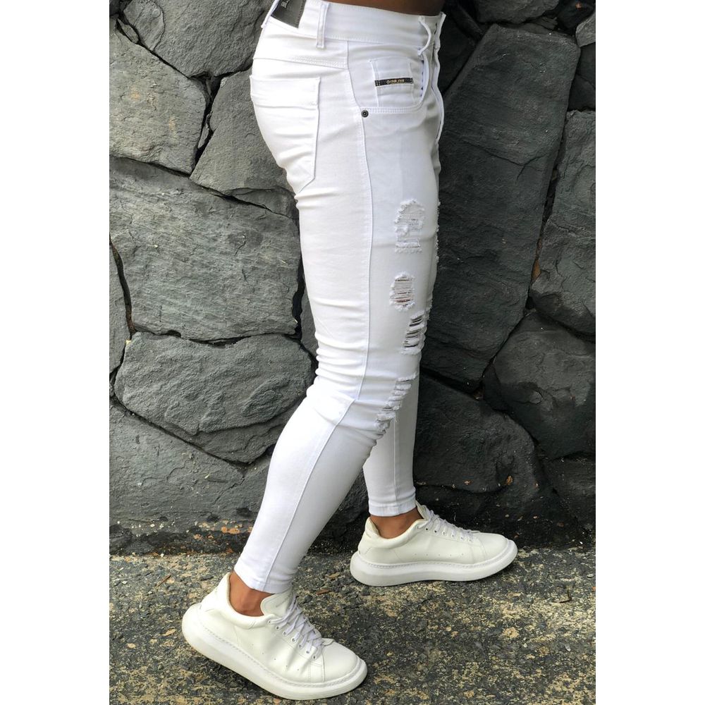Calça Skinny Branca Destroyed Rasgada Masculina Premium