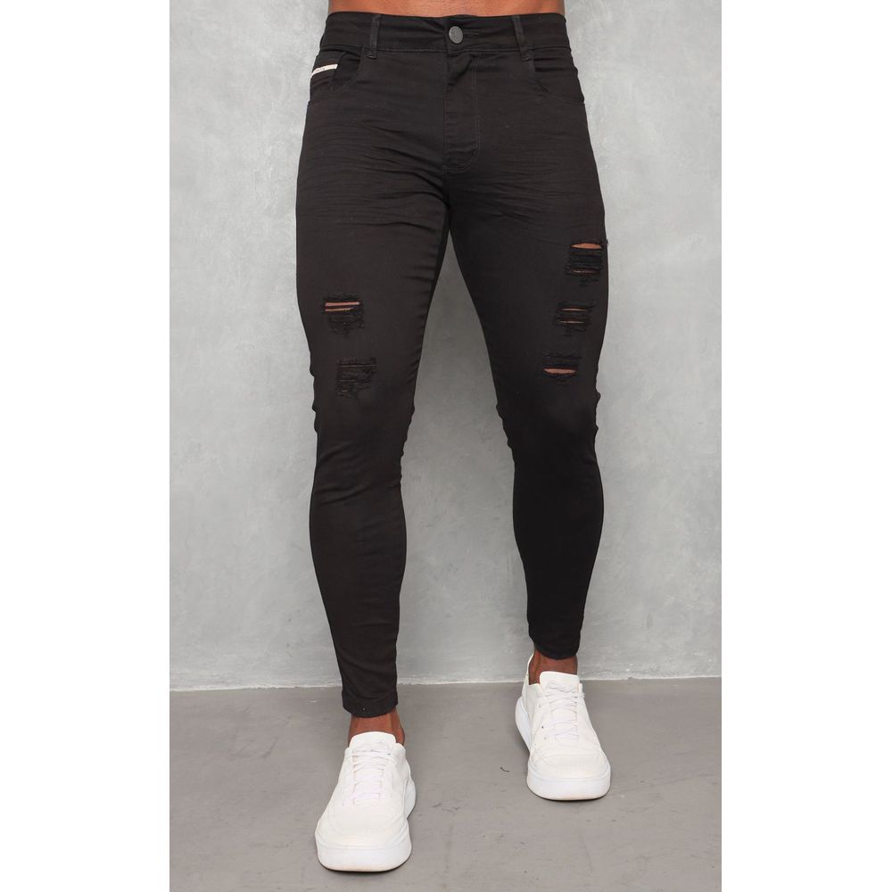Calça Jeans Skinny Preta Destroyed Rasgada Masculina