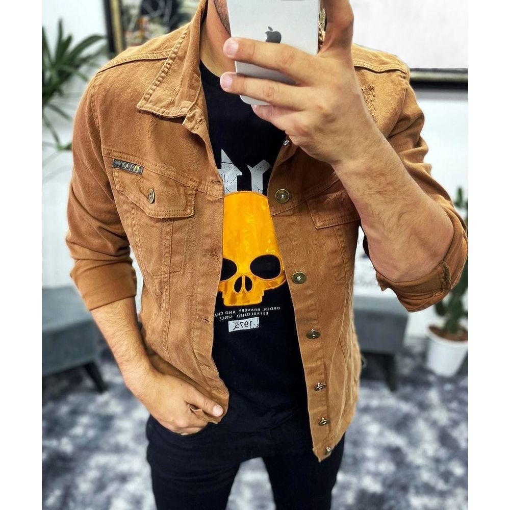 Jaqueta Sarja Caramelo Marrom Detalhes Destroyed Masculina