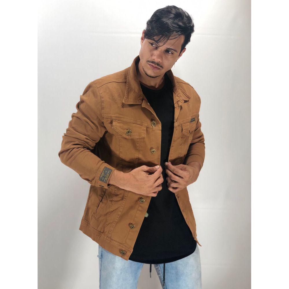 Jaqueta Sarja Caramelo Marrom Detalhes Destroyed Masculina
