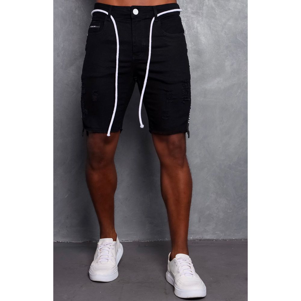 Bermuda Preta Destroyed Super Skinny Com Cordão Masculina