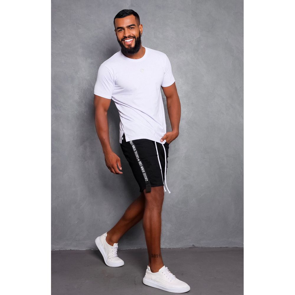 Bermuda Preta Destroyed Super Skinny Com Cordão Masculina