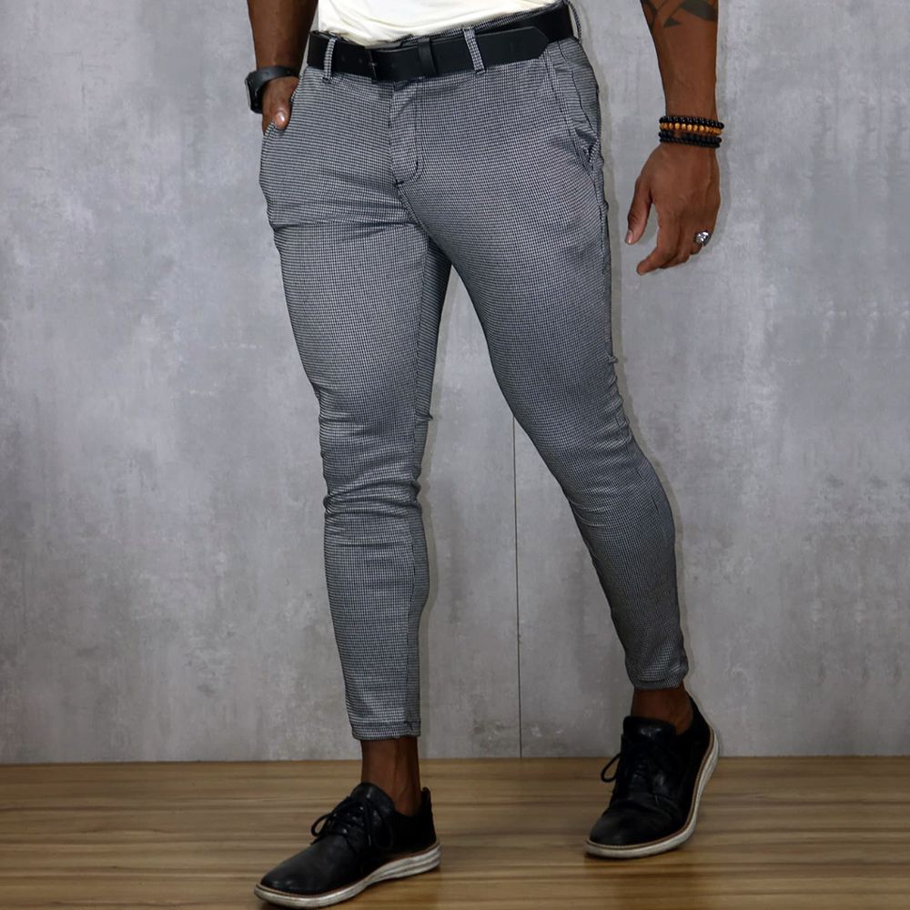 Calça Alfaiataria Masculina Jacquard Skinny Moletinho Xadrez