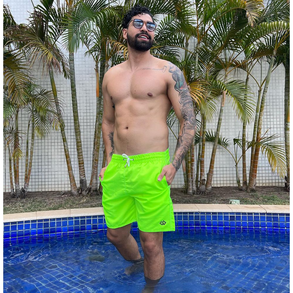 Short Praia Tactel Verde Neon Slim Basico Masculino Premium