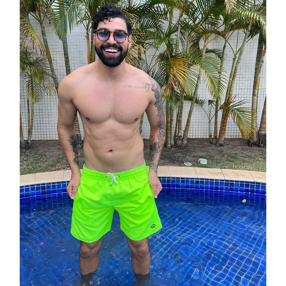 Short Praia Tactel Verde Neon Slim Basico Masculino Premium