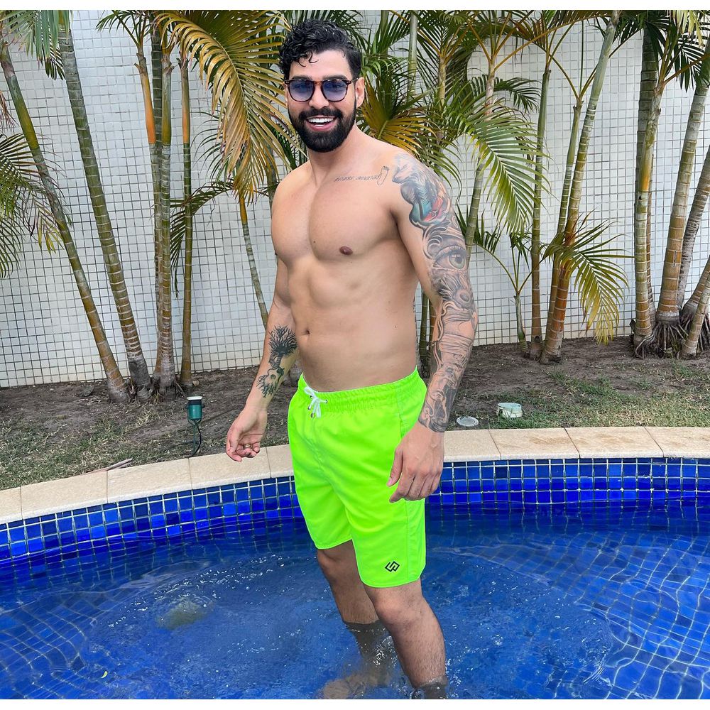 Short Praia Tactel Verde Neon Slim Basico Masculino Premium