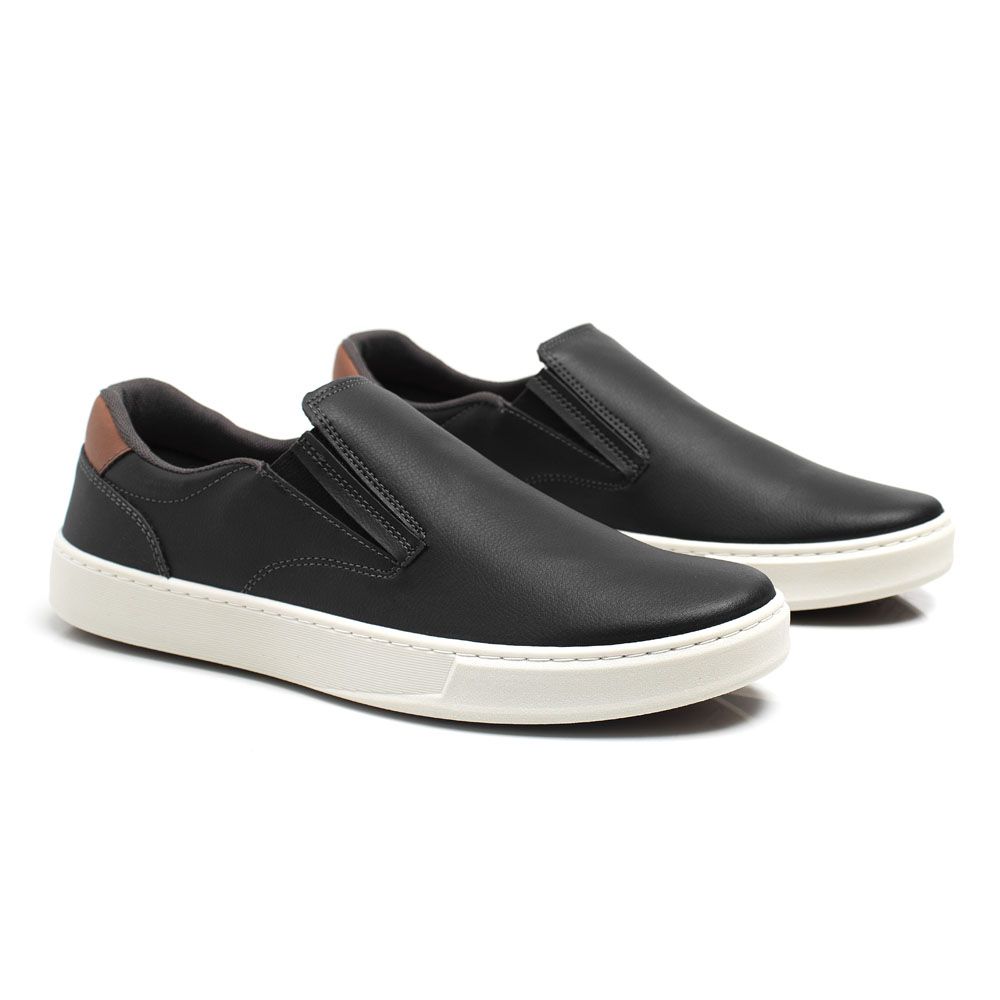 Sapatenis Masculino Casual Couro Ecológico Slip On Confort Ultra Conforto - Preto