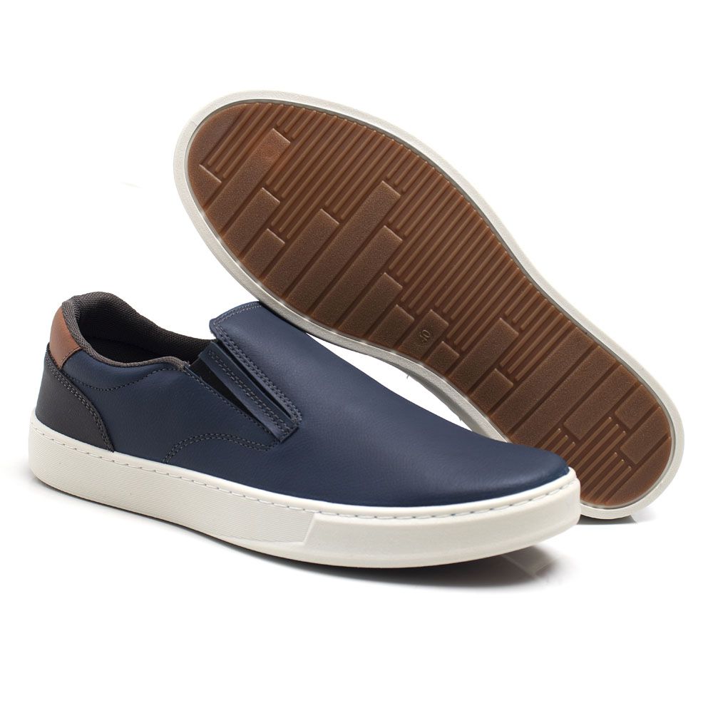 Sapatenis Masculino Casual Couro Ecológico Slip On Confort Ultra Conforto - Marinho