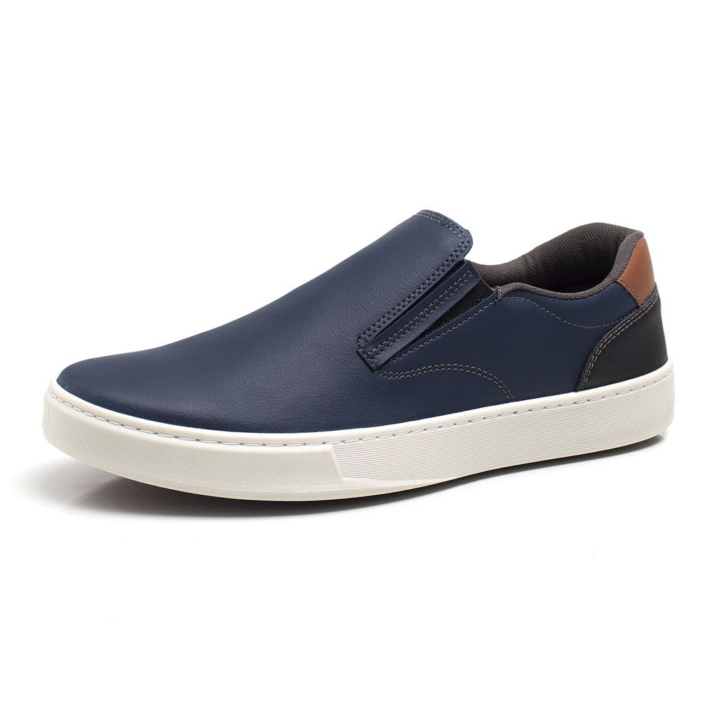 Sapatenis Masculino Casual Couro Ecológico Slip On Confort Ultra Conforto - Marinho