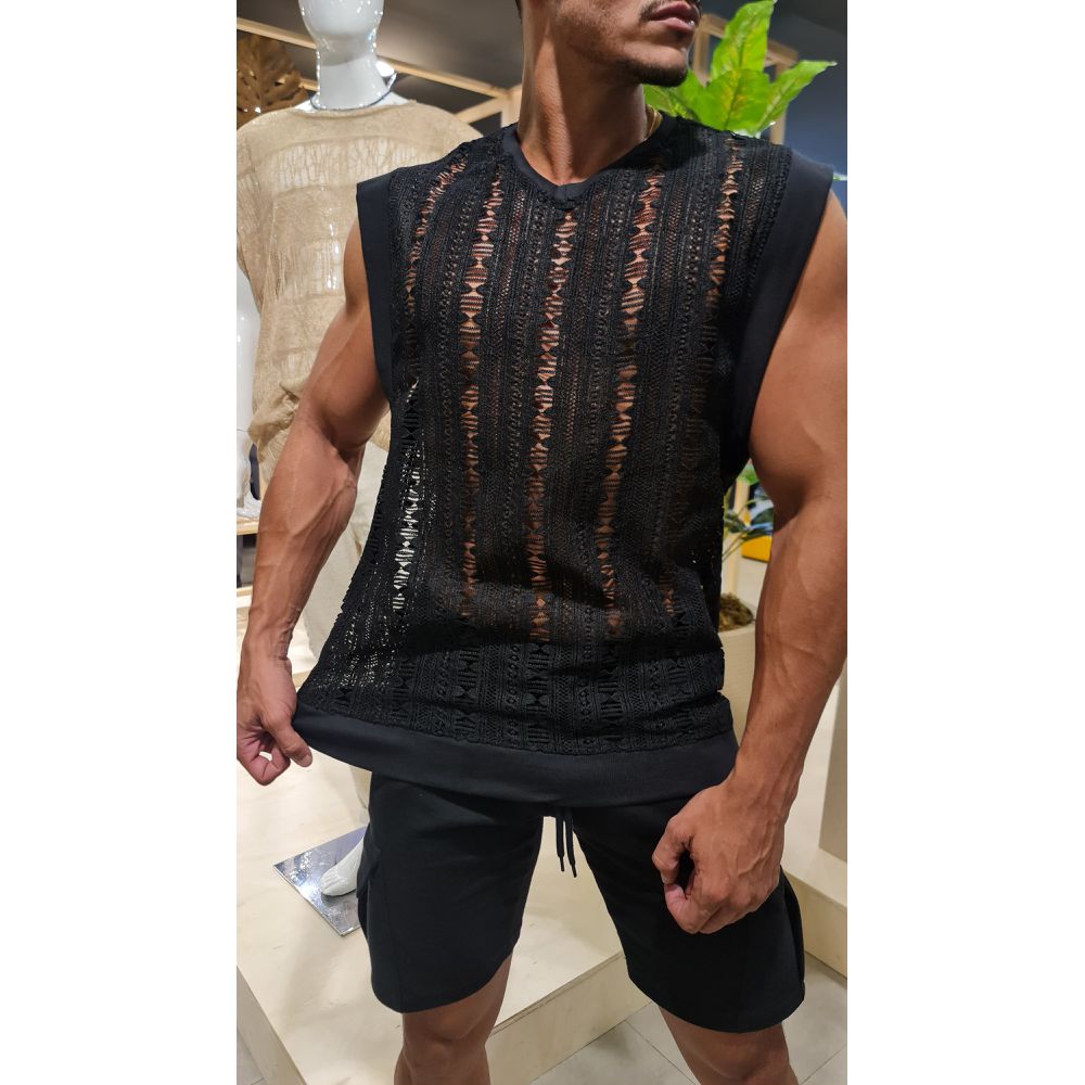 Regata Machão Oversized Transparente Telinha Crochê Gola V Slim Exclusividade