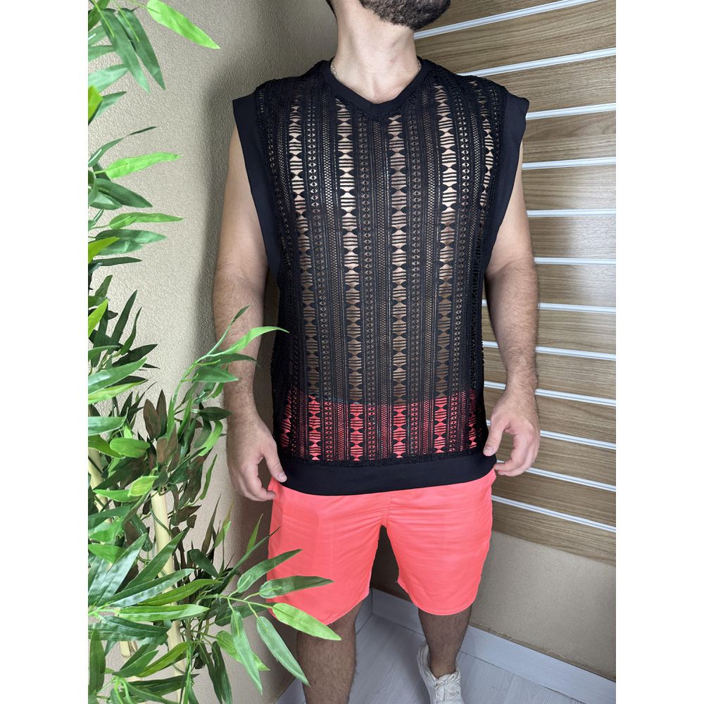 Regata Machão Oversized Transparente Telinha Crochê Gola V Slim Exclusividade