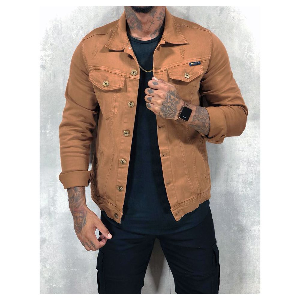 Jaqueta Sarja Caramelo Marrom Detalhes Destroyed Masculina