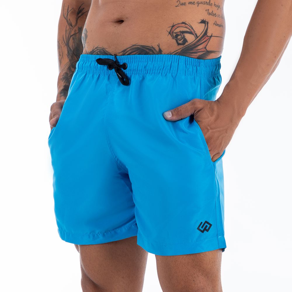 Short Praia Tactel Azul Ciano Liso Masculino Premium