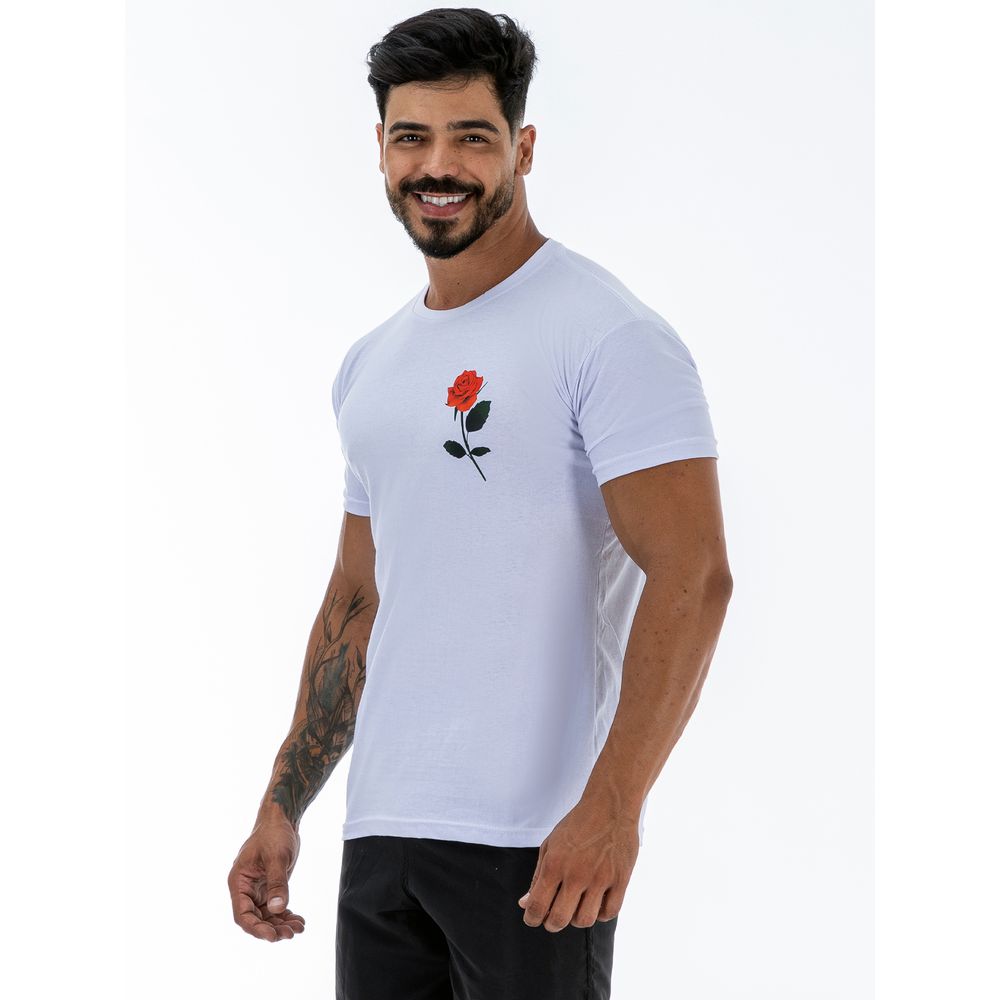 Camiseta T-Shirt Estampada Rosa Floral Vermelha - Branco