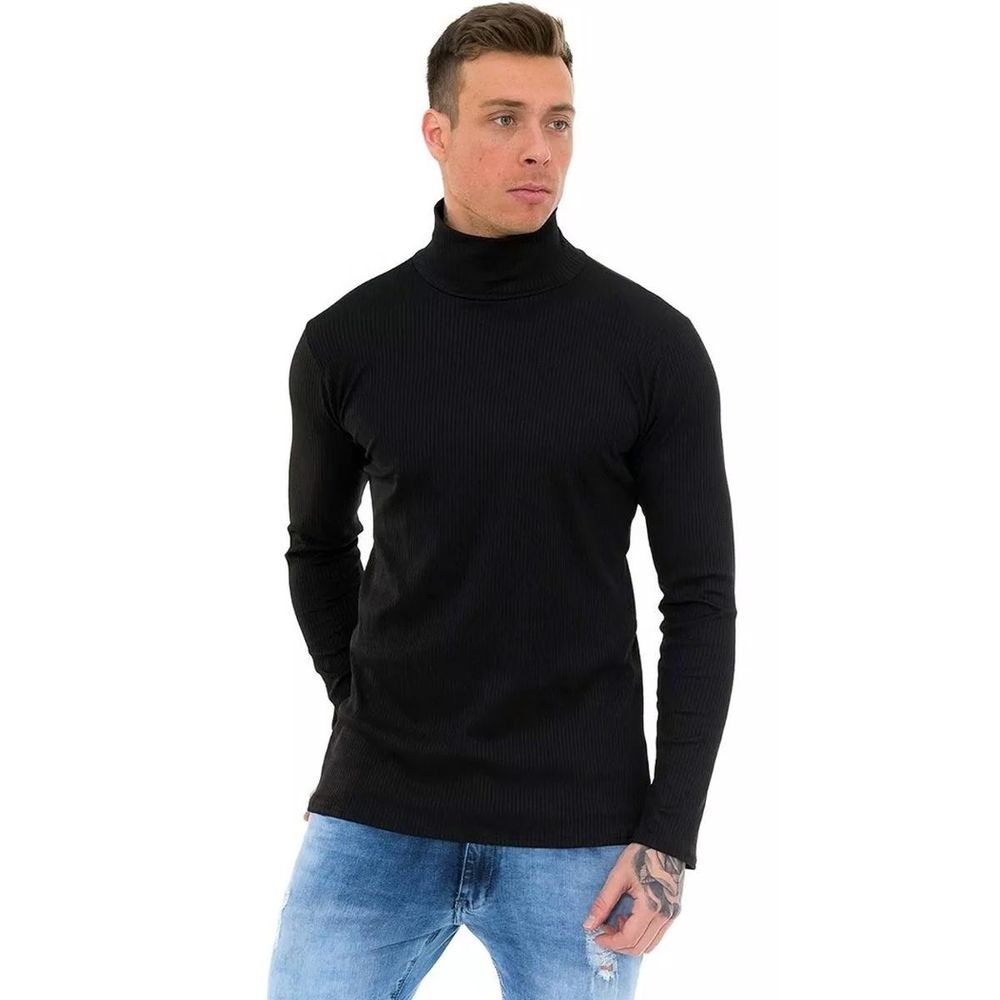 Suéter Canelado Manga Longa Gola Alta Rolê Preta Slim Fit Masculina