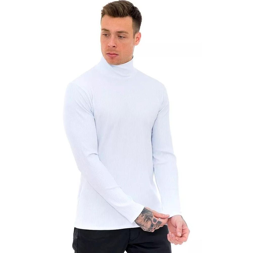 Suéter Canelado Manga Longa Masculina Gola Alta Slim Cacharrel Branco