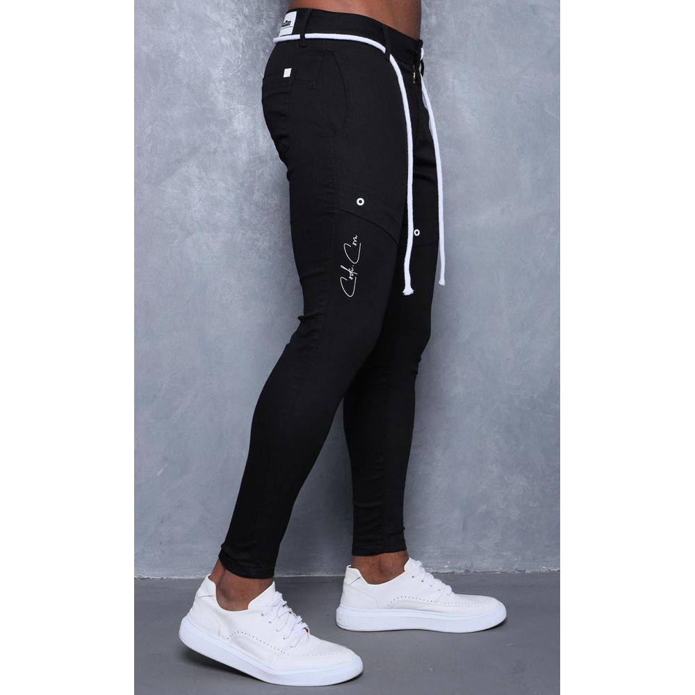 Calça Super Skinny Masculina Preta Com Cordão Detalhes Ilhós