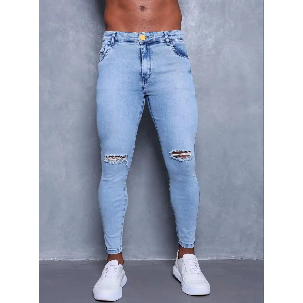 Calça Jeans Skinny Destroyed Rasgada Corte Joelho Premium