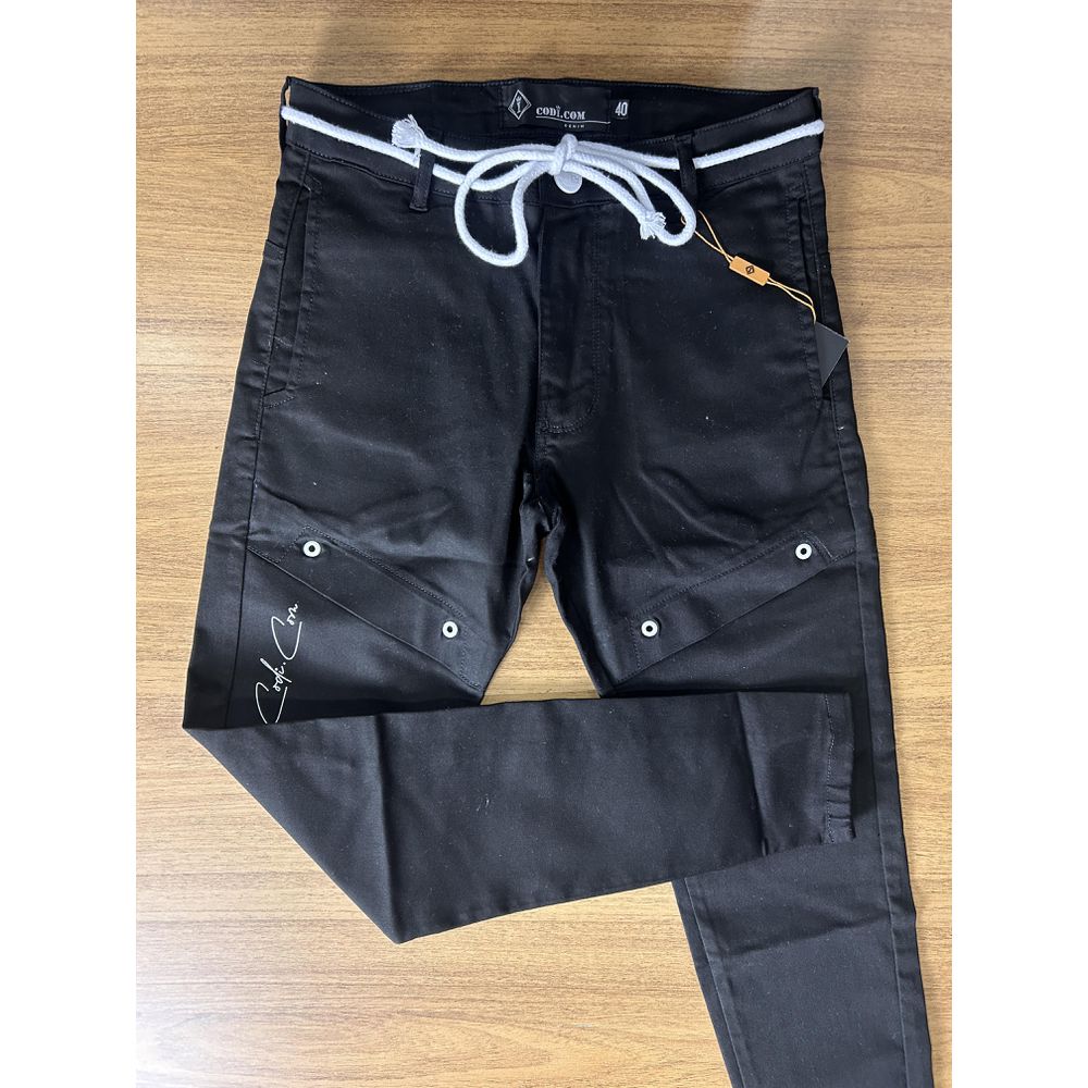 Calça Super Skinny Masculina Preta Com Cordão Detalhes Ilhós