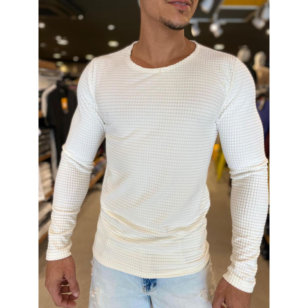 Suéter Camiseta Manga Longa Canelado Slim Micro Ultra Soft - Branco