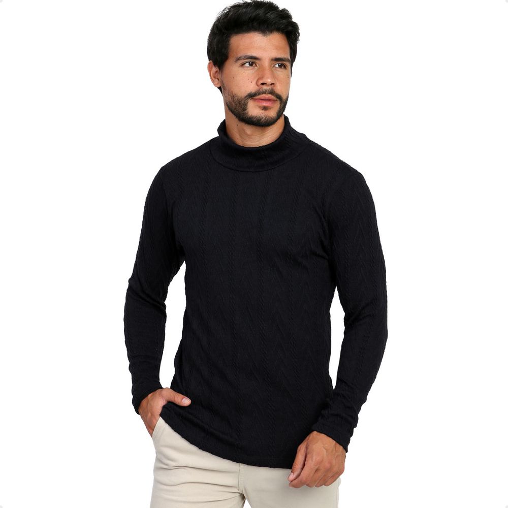 Suéter Tricot Canelado Gola Alta Jacquard Masculino Preto