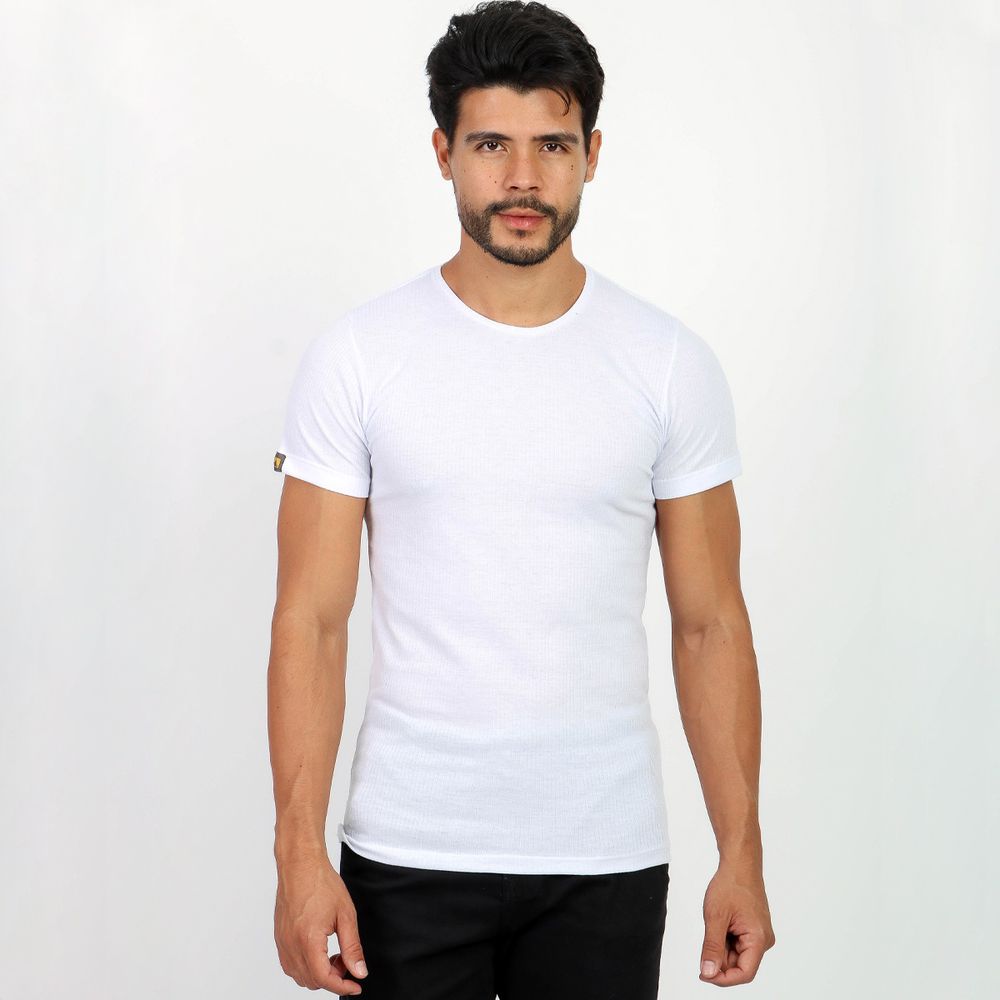 Camiseta Canelada Masculina Branca Lisa Manga Curta Slim Fit