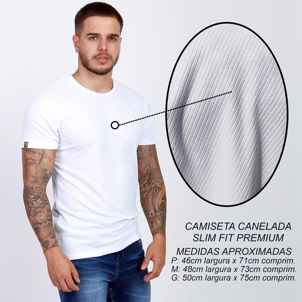 Camiseta Canelada Masculina Branca Lisa Manga Curta Slim Fit