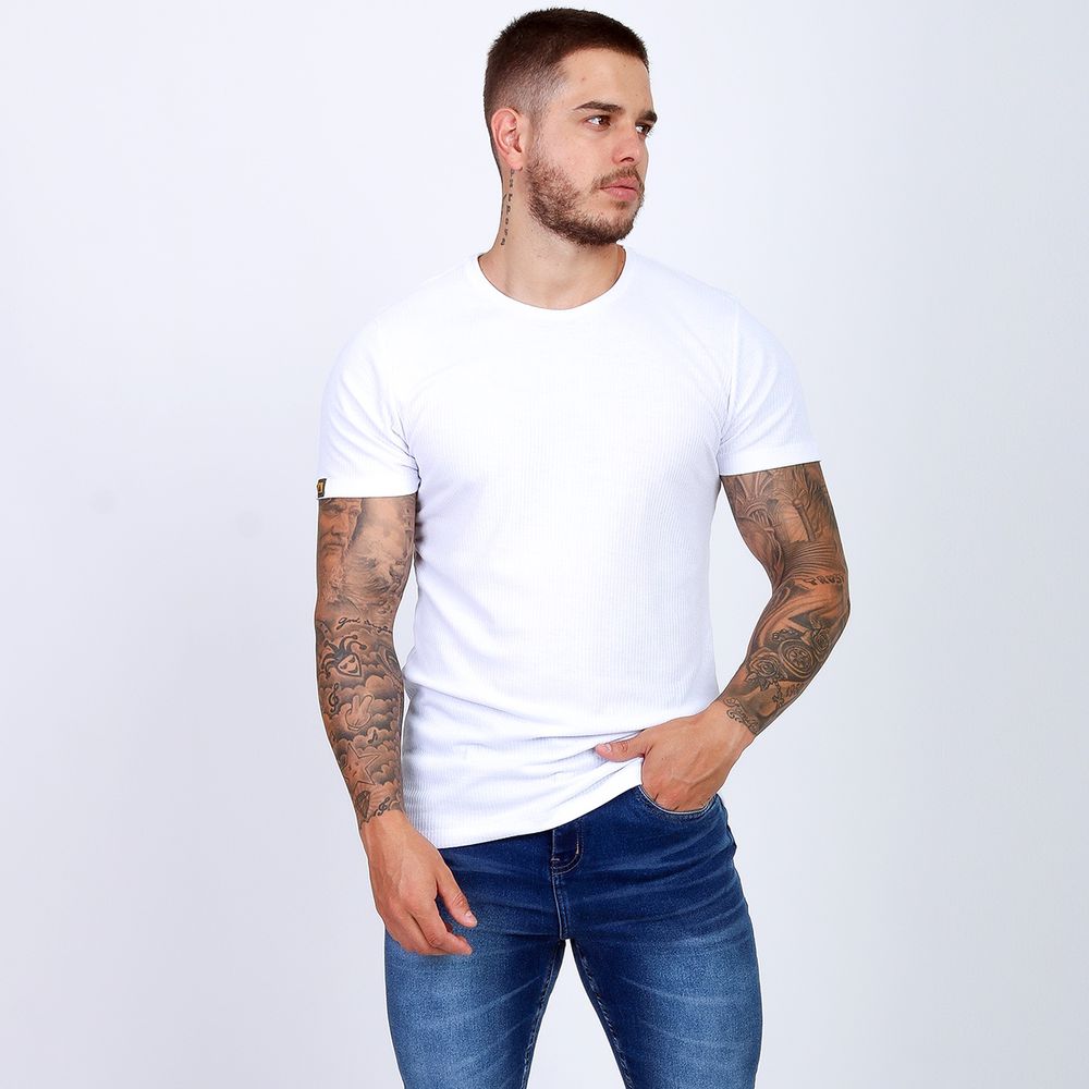 Camiseta Canelada Masculina Branca Lisa Manga Curta Slim Fit