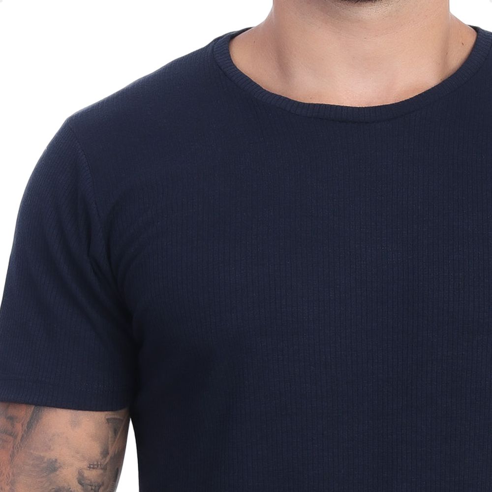 Camiseta Canelada Slim Masculina Manga Curta Azul Marinho