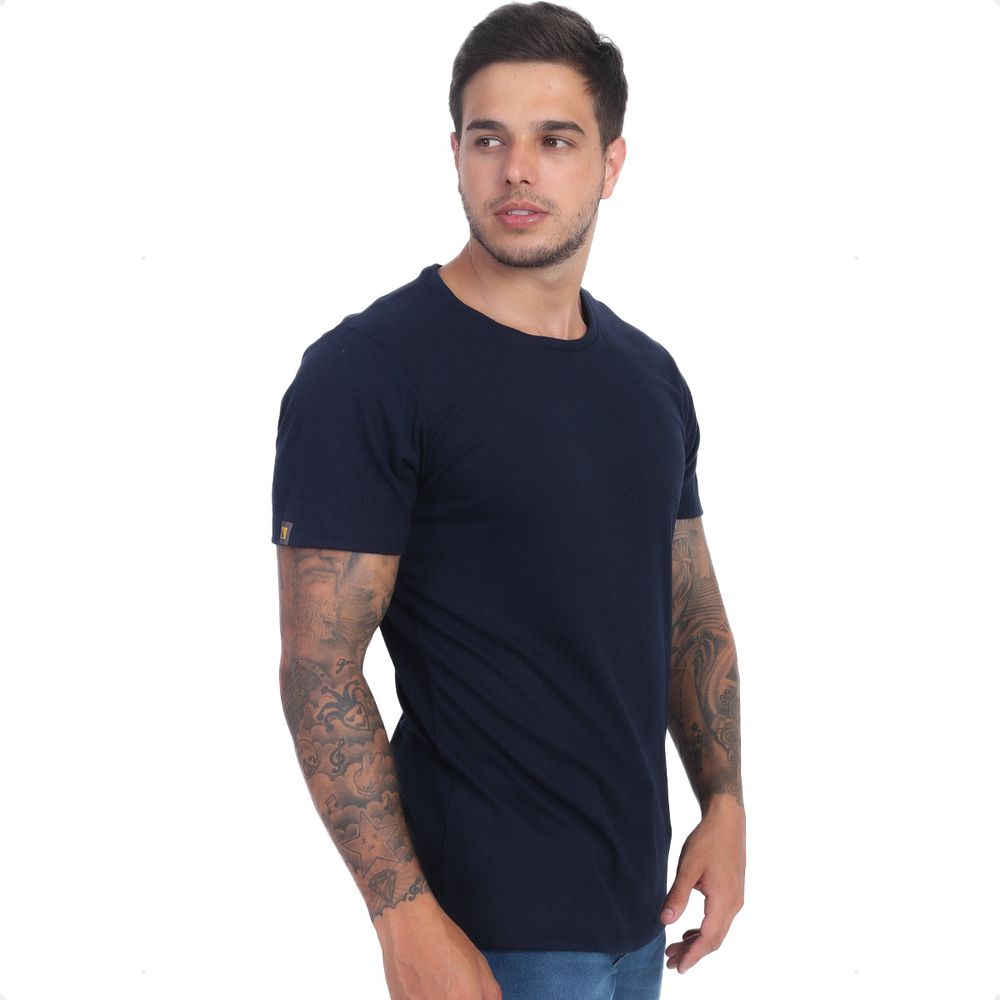 Camiseta Canelada Slim Masculina Manga Curta Azul Marinho