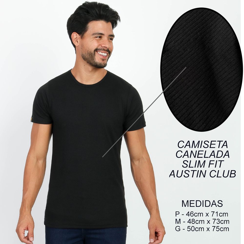 Camiseta Canelada Slim Manga Curta Masculina Preta Básica