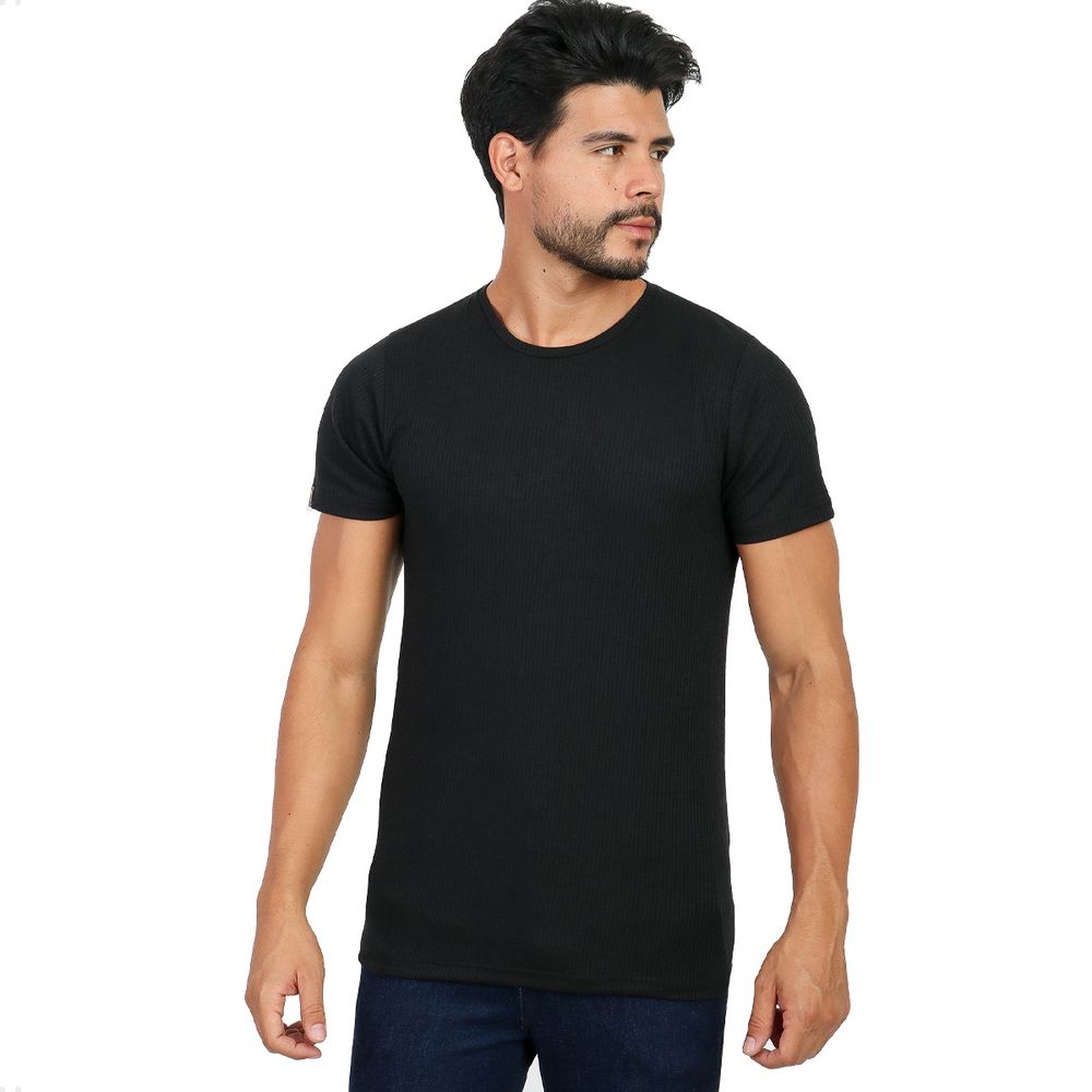 Camiseta Canelada Slim Manga Curta Masculina Preta Básica