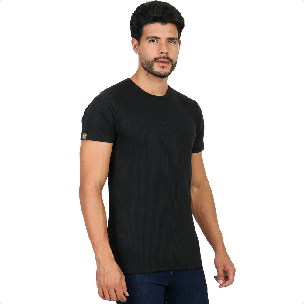 Camiseta Canelada Slim Manga Curta Masculina Preta Básica